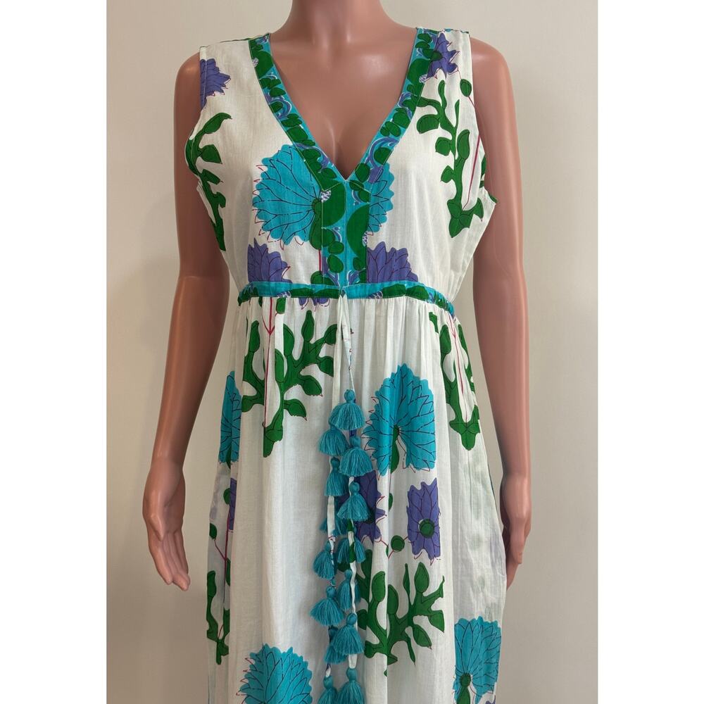 La Plage Maxi Dress Size M White Blue Purple Floral Print Tassel Tie Waist Boho - Picture 2 of 16